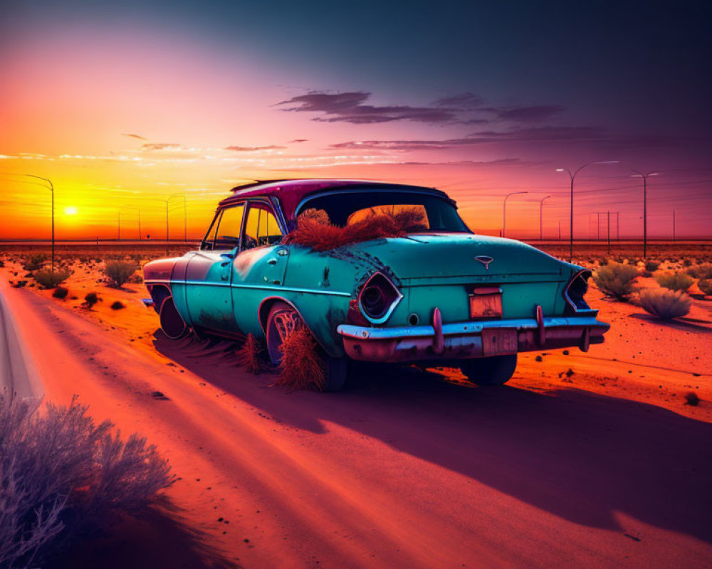 Vintage teal and rust car abandoned in desert at sunset with purple skies and orange horizon