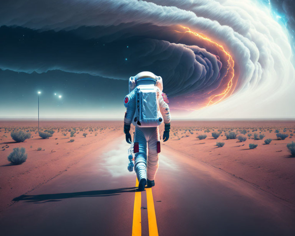 Astronaut walking on deserted road under swirling galaxy sky