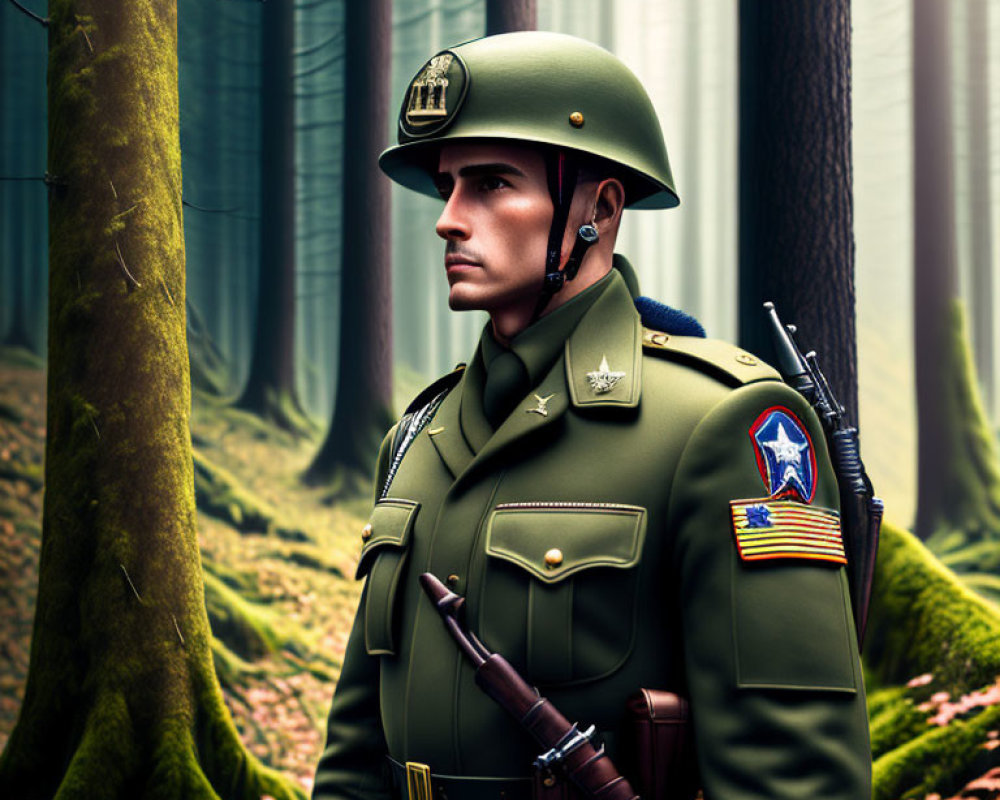 Digital artwork of soldier in green uniform in foggy forest