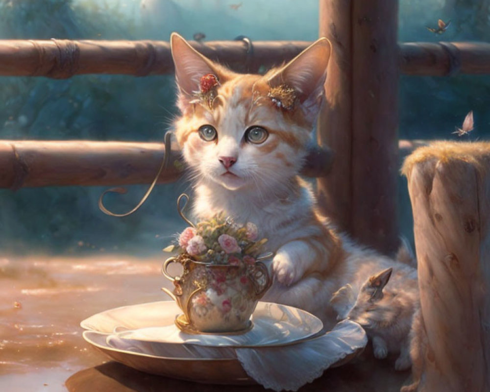 Orange and White Kitten with Flowers in Sunlit, Whimsical Scene