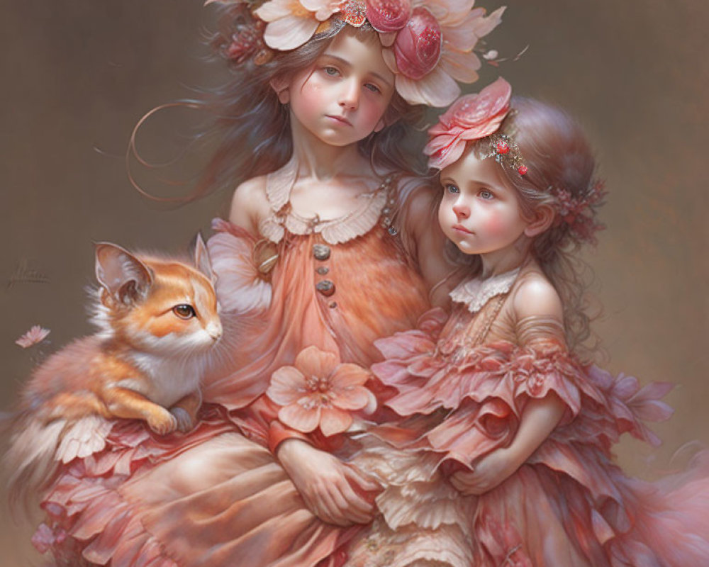 Ornate Floral Dresses Girls with Fox Cub in Ethereal Setting