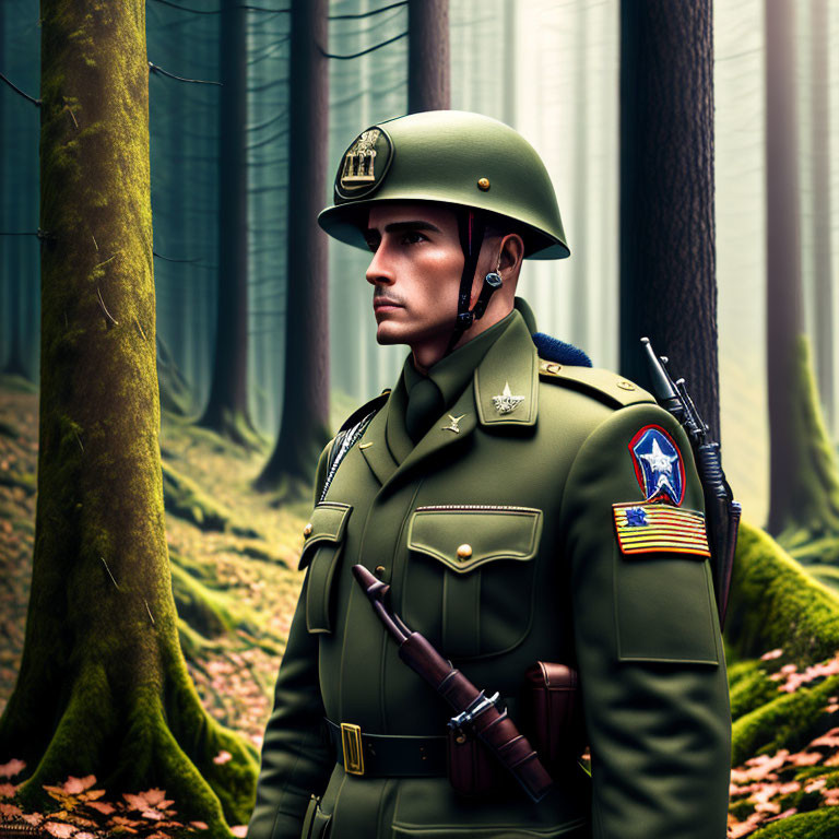 Digital artwork of soldier in green uniform in foggy forest