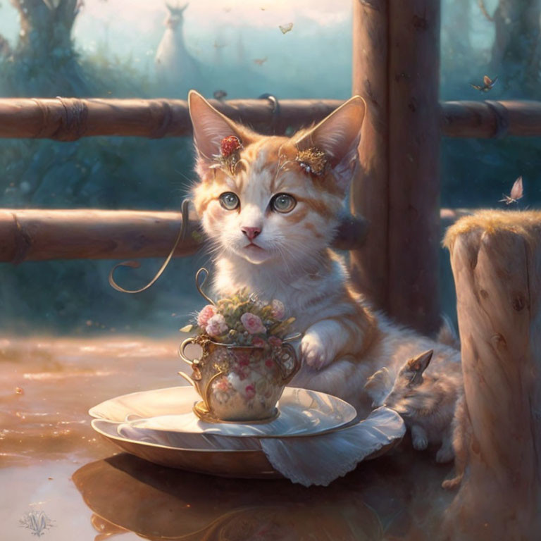 Orange and White Kitten with Flowers in Sunlit, Whimsical Scene