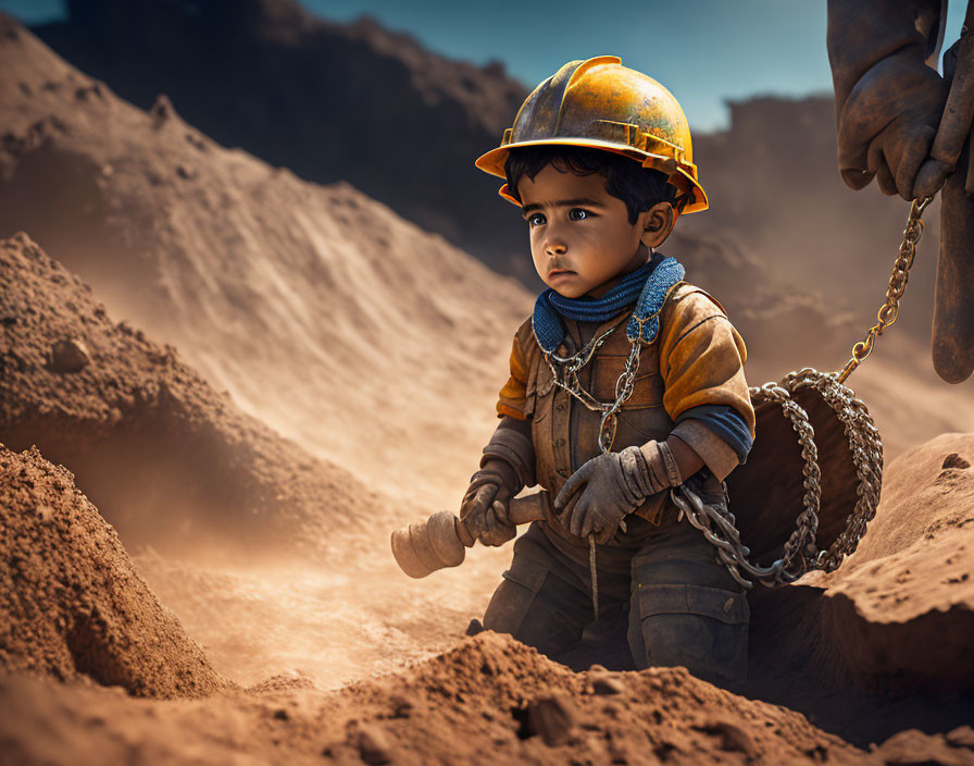 Young boy in hard hat with hammer and chain in gritty setting