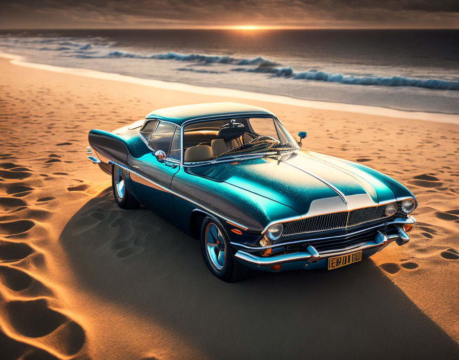 Vintage Blue Car Parked on Sandy Beach at Sunset