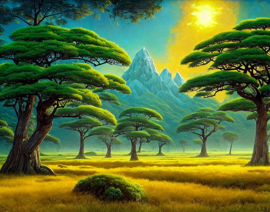 Vibrant landscape painting with green trees, sunlit mountain, and golden meadow