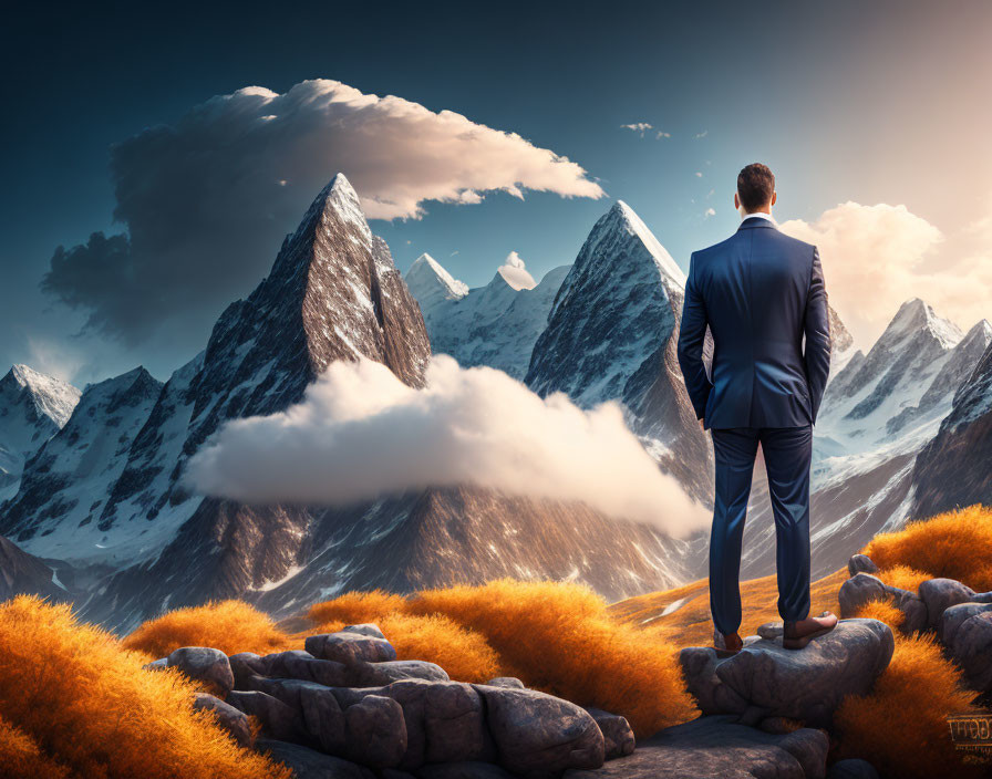 Businessman in suit admiring snow-capped mountains from rocky peak