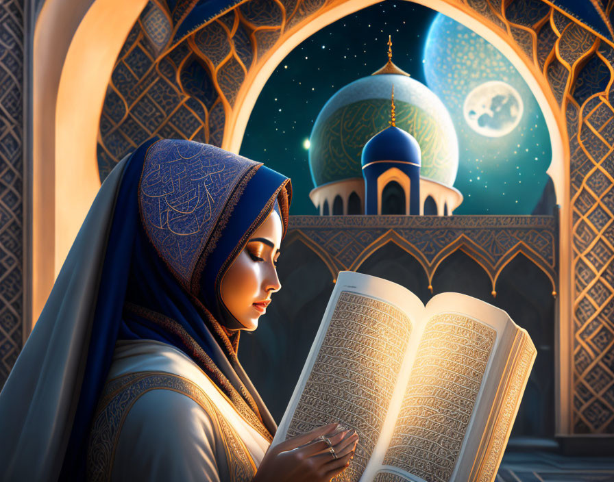 Muslim woman reading religious book under Islamic arches at night