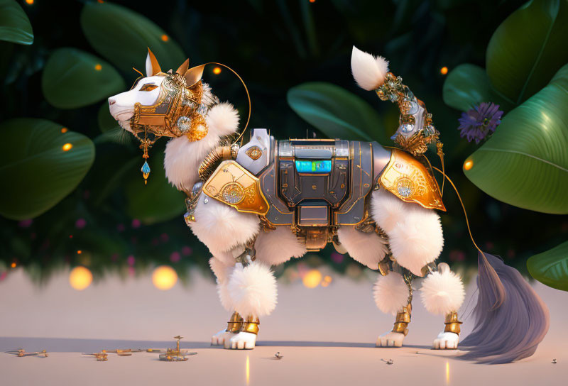 Mechanical lion in golden armor in lush tropical setting