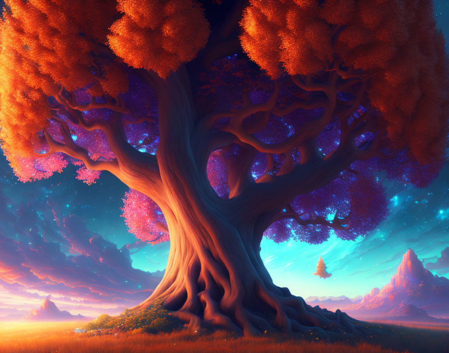 Large tree with thick trunk and orange leaves against surreal purple sky