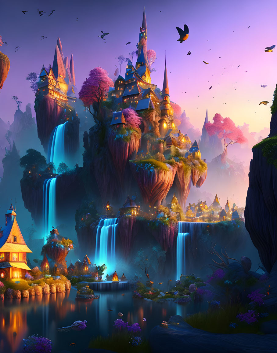 Fantasy landscape with floating castles, waterfalls, flora, and butterflies at dusk