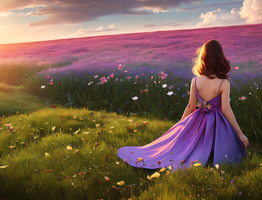 Woman in Purple Dress in Lavender Meadow at Sunset