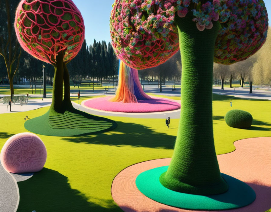 Colorful, patterned tree-like structures in a whimsical landscape