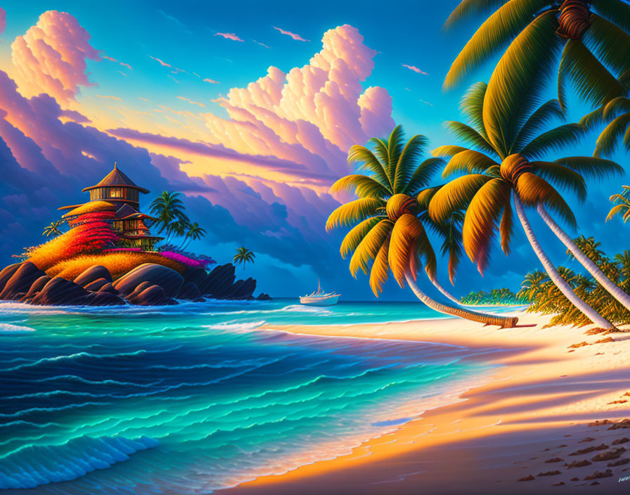 Tropical beach scene with palm trees, pagoda, clouds, and boat at sunrise or sunset