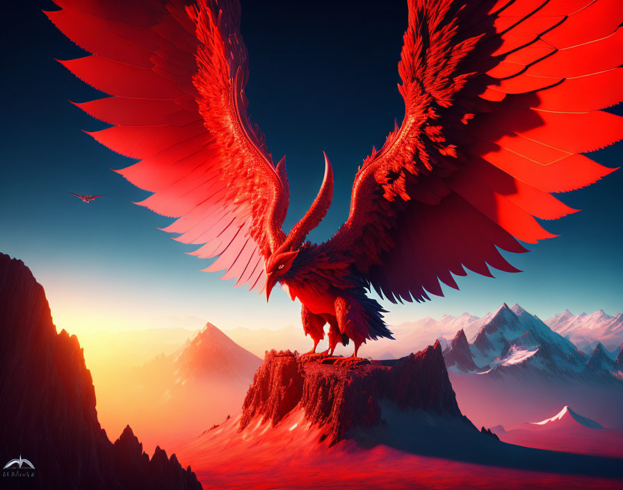 Red dragon with spread wings on mountain peak at sunset