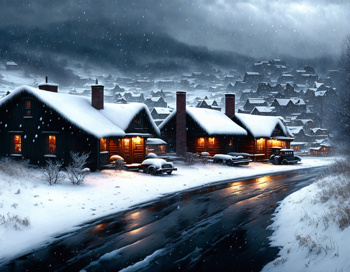 Twilight scene of snow-covered houses and parked cars in a village landscape