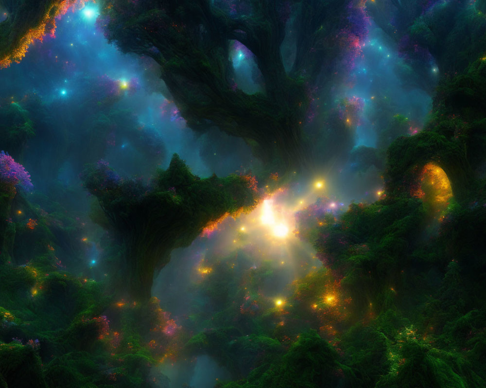 Ethereal forest scene with luminescent colors and mystical tree formations