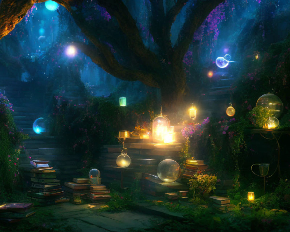 Enchanting forest scene at night with glowing orbs, lanterns, candles, books, and iv