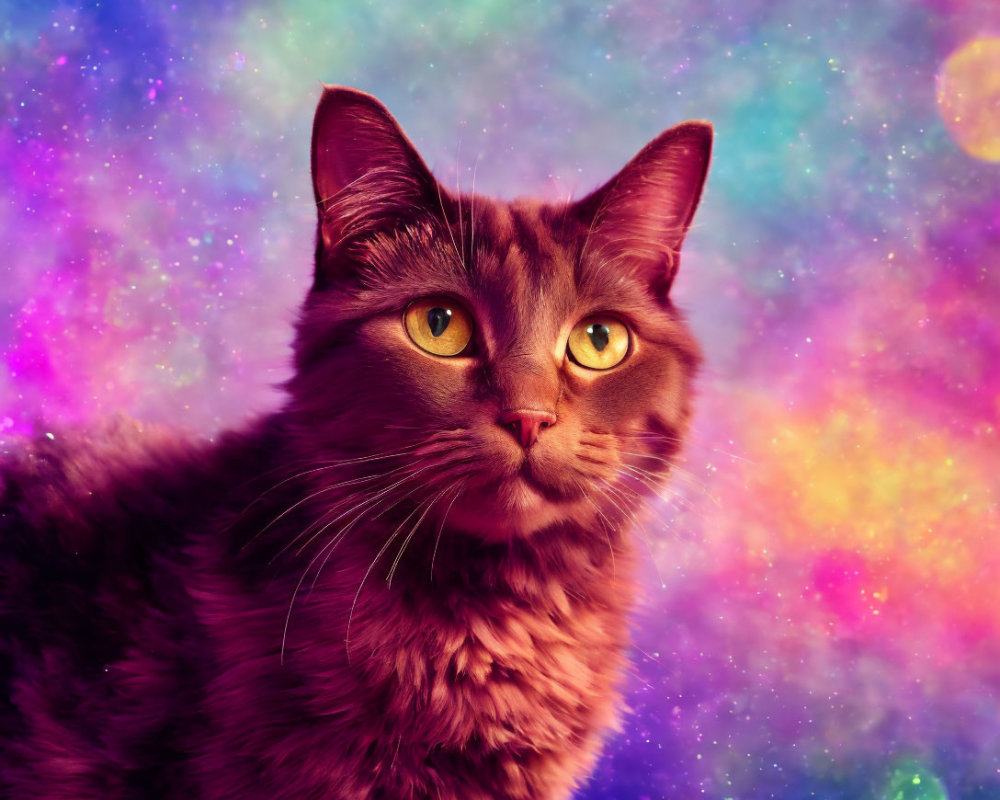 Brown Cat with Yellow Eyes on Vibrant Cosmic Background