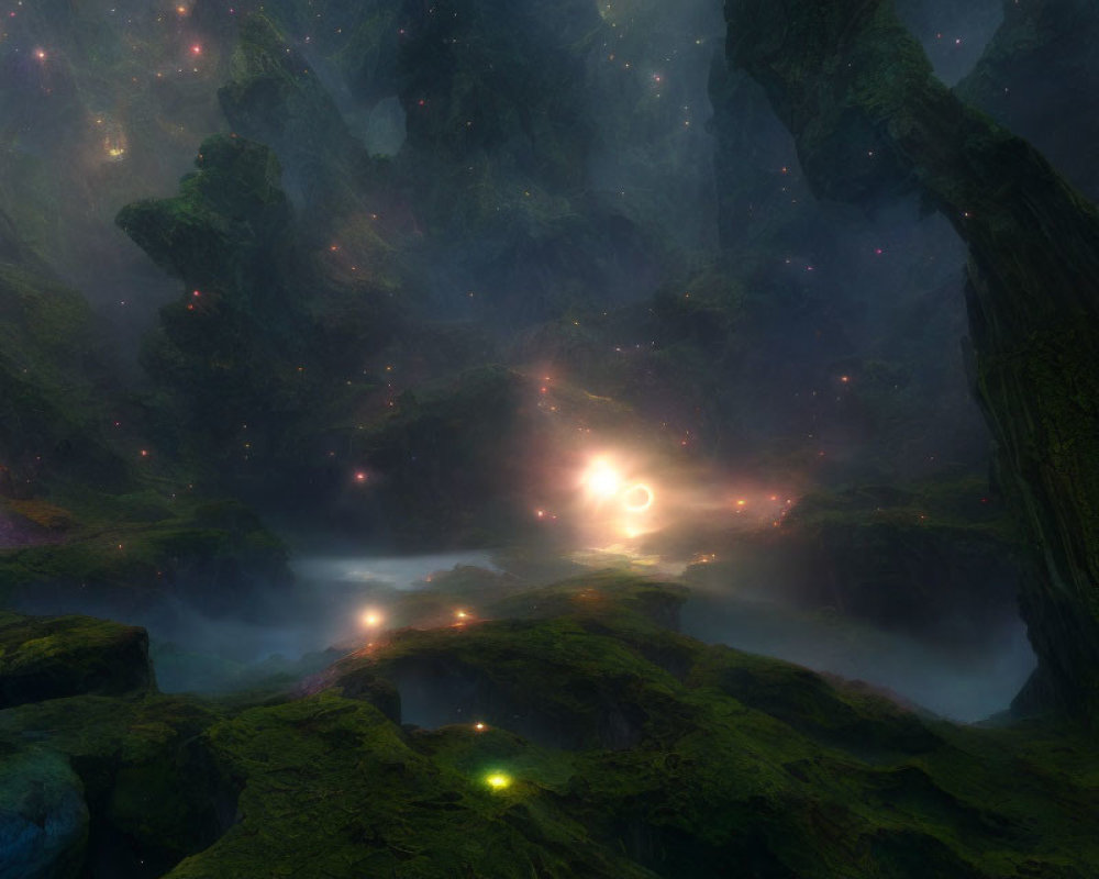 Enchanting forest landscape with moss-covered rocks and celestial glow