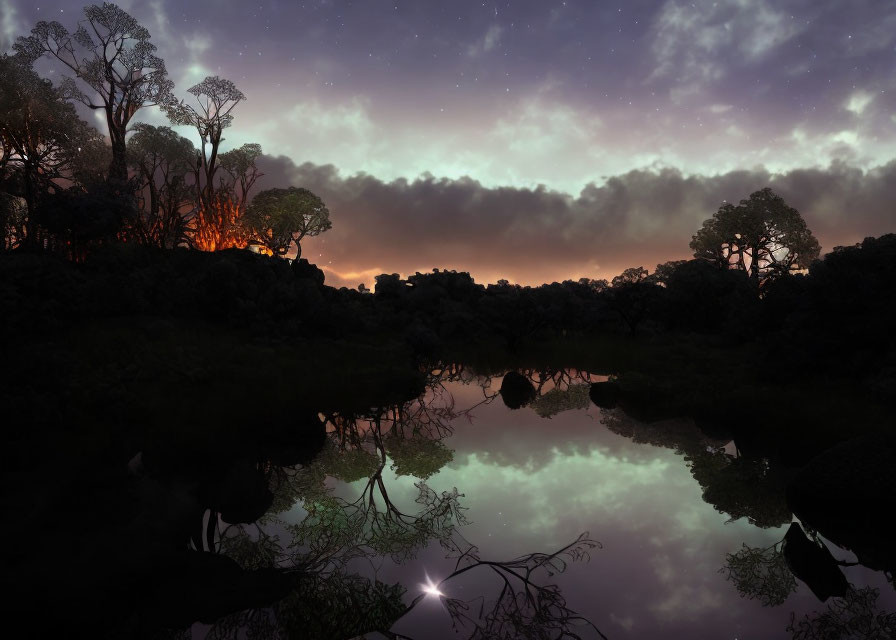 Tranquil nightscape with starlit sky, reflective pond, silhouetted trees, and