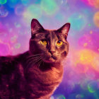 Brown Cat with Yellow Eyes on Vibrant Cosmic Background