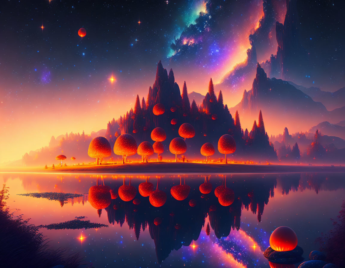 Vibrant fantasy landscape at dusk with glowing trees and reflective lake