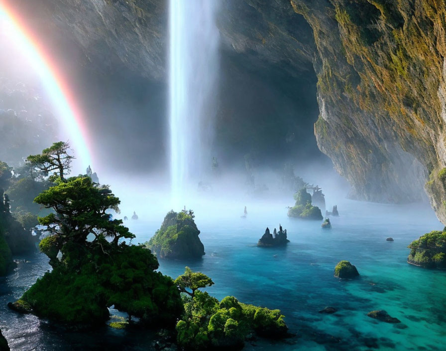 Mystical waterfall flowing into serene lagoon with lush green islets