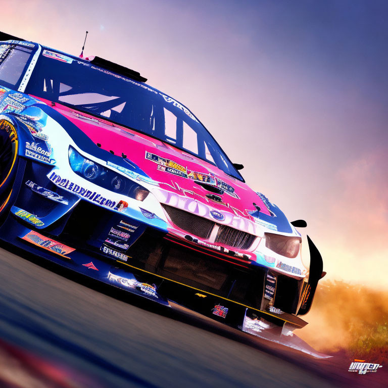 Vibrant blue and pink race car speeding with motion blur