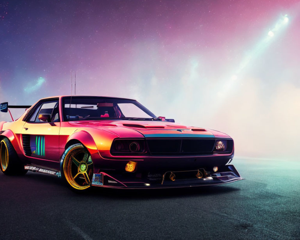 Wide-body kit sports car with neon accents under twilight sky