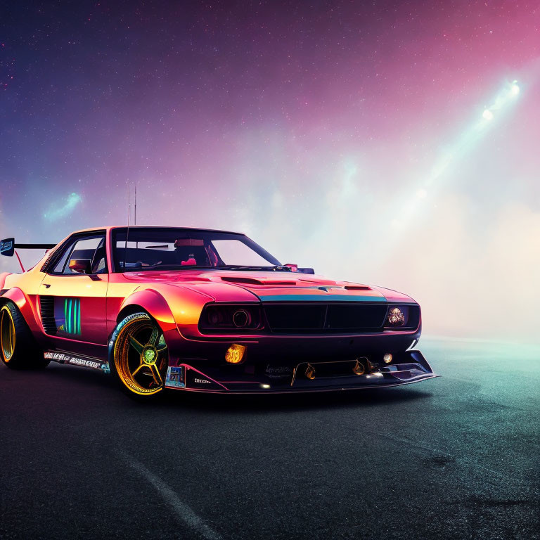 Wide-body kit sports car with neon accents under twilight sky