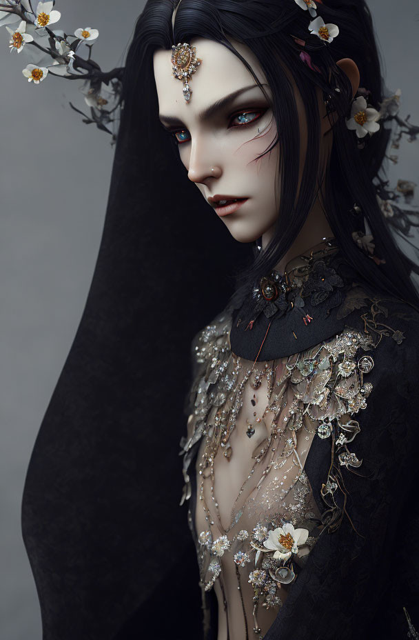 Pale Skin Figure with Dark Hair, Red Eyes, and Intricate Jewelry