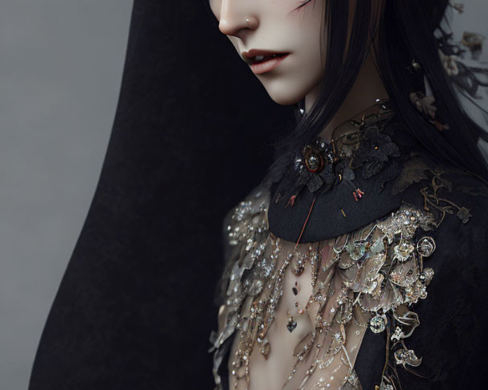 Pale Skin Figure with Dark Hair, Red Eyes, and Intricate Jewelry