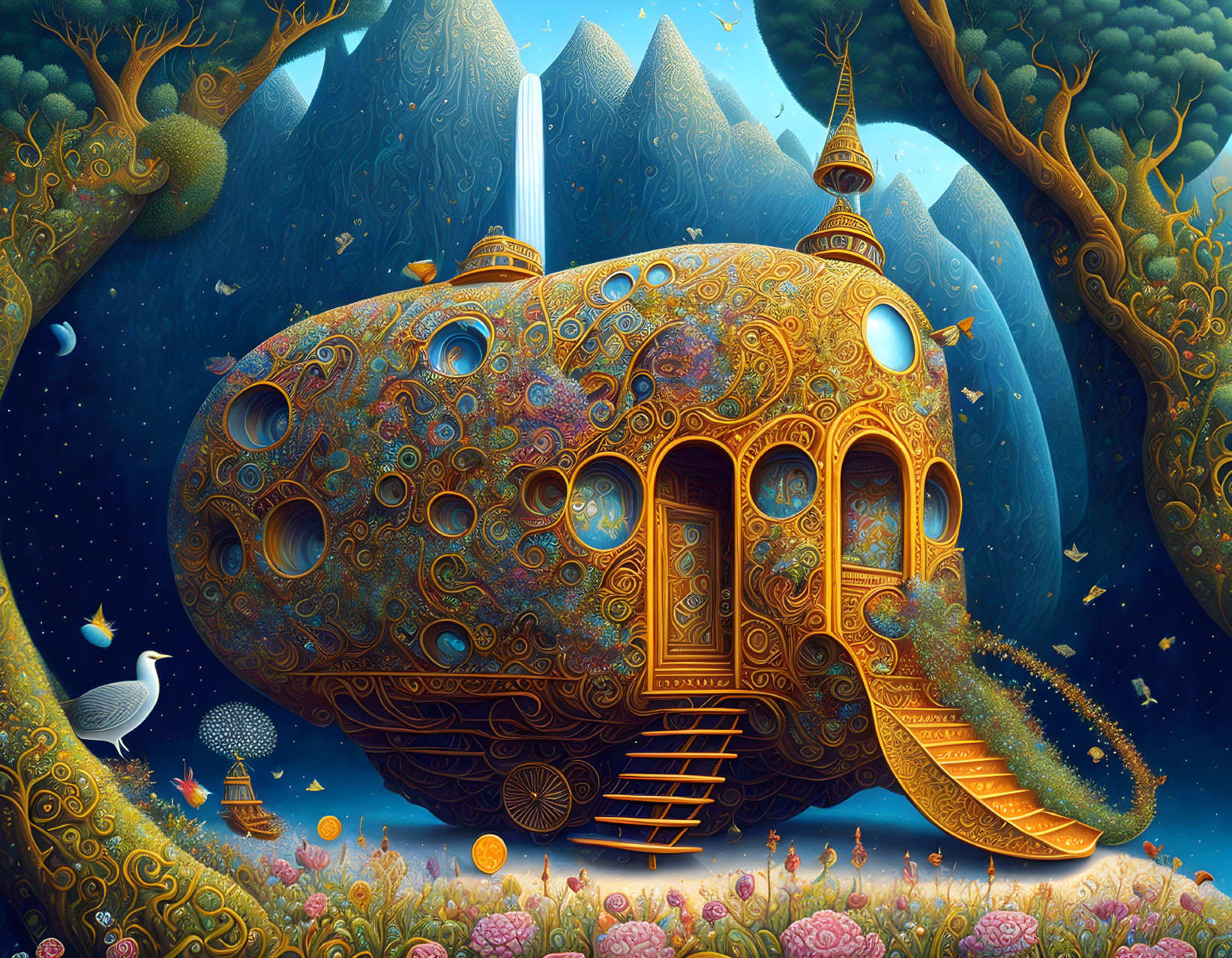 Ornate submarine-like structure in vibrant fantasy landscape