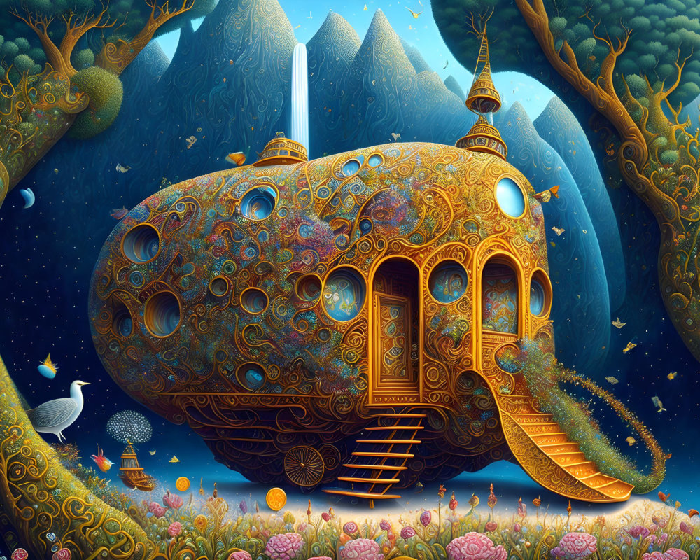 Ornate submarine-like structure in vibrant fantasy landscape