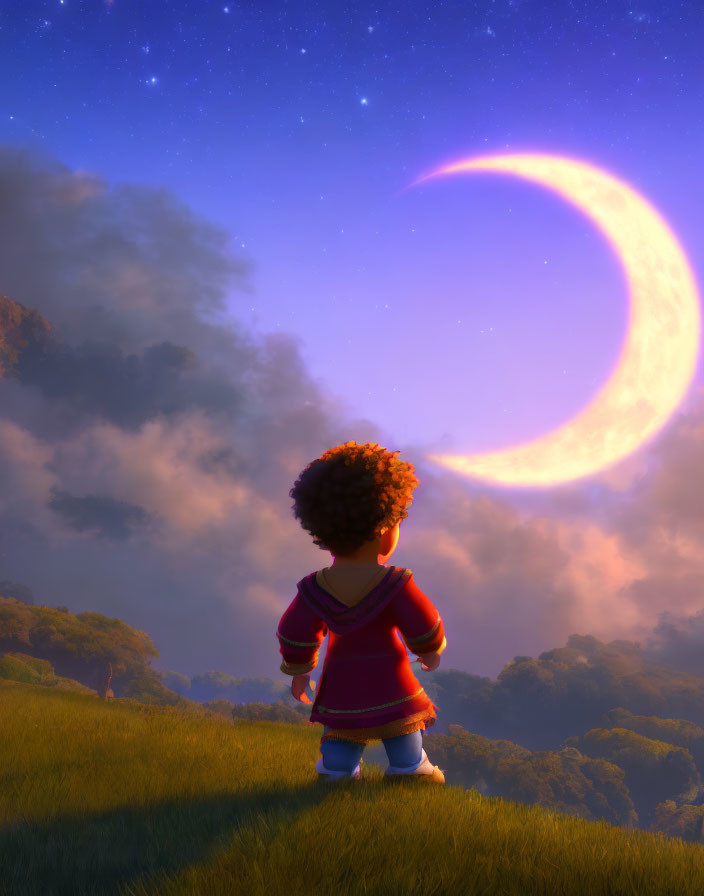 Child with curly hair on grassy hill gazes at crescent moon in twilight scene.