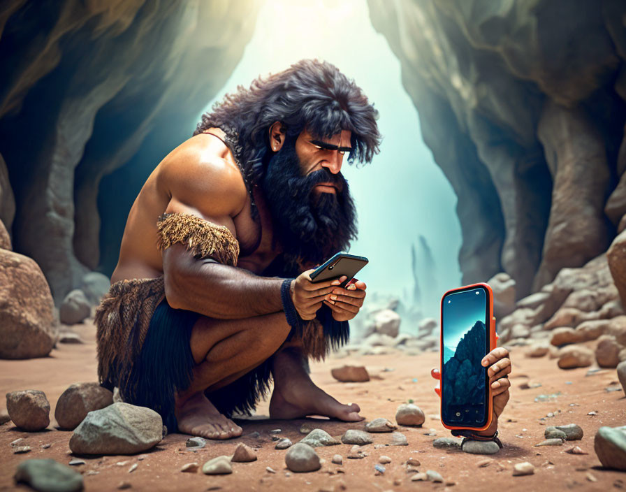 Caveman contrasts ancient and modern technology in rocky cave setting