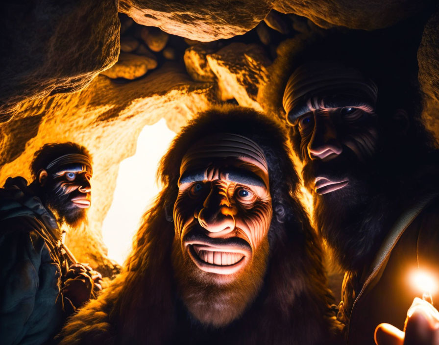 Three Surprised Cavemen in Dimly Lit Cave