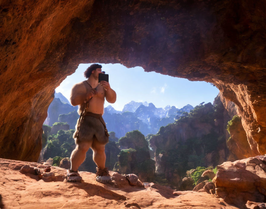 Cartoon caveman selfie at cave entrance with mountain view