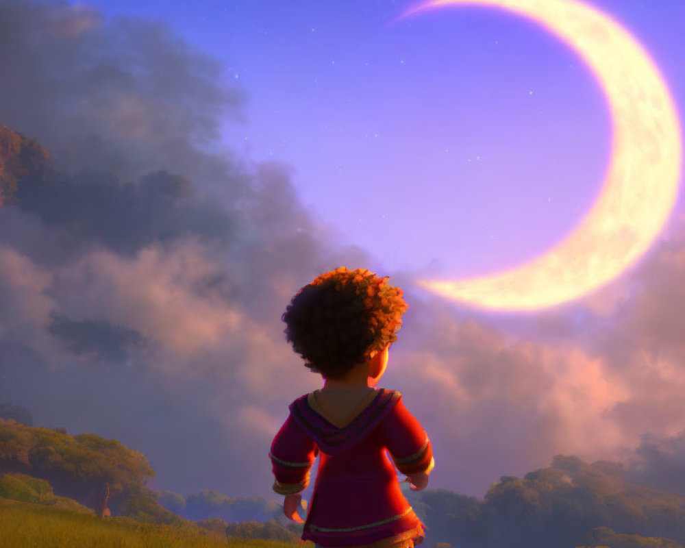 Child with curly hair on grassy hill gazes at crescent moon in twilight scene.