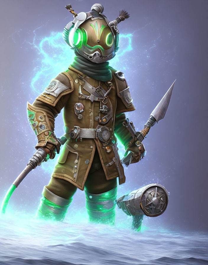 Steampunk diving suit character with glowing green elements and spear in mystical energy backdrop