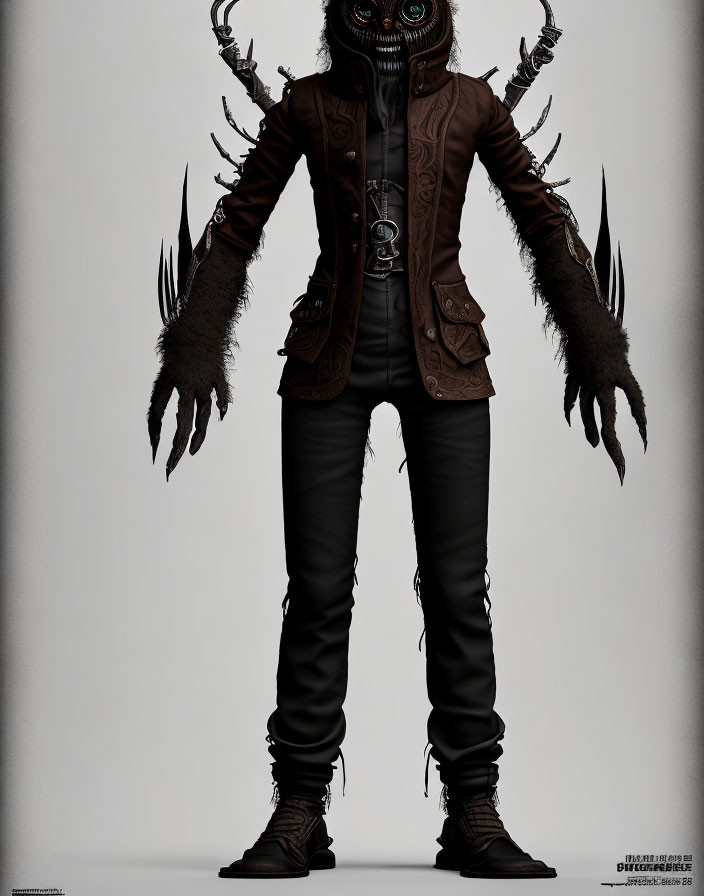 Digital artwork of creature with elongated fingers, ornate jacket, black pants, boots, and multi