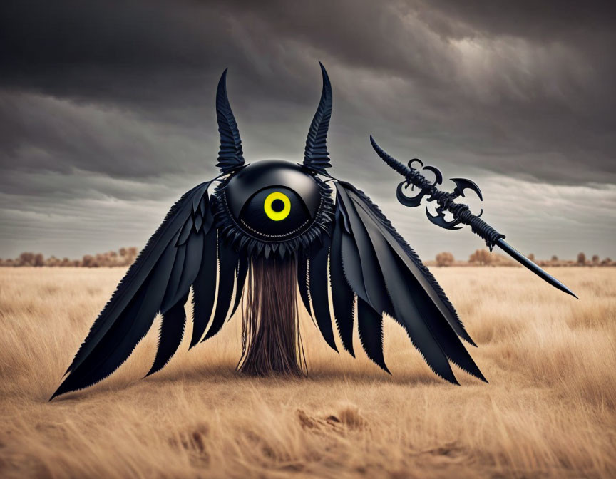 Surreal creature with large eye and wings in barren landscape