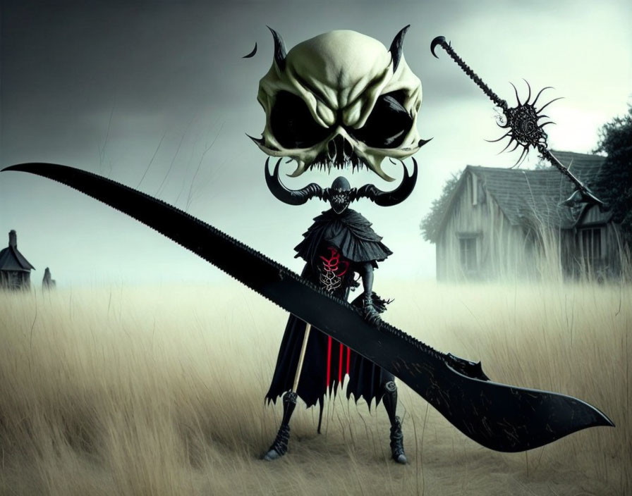 Skull-headed figure with curved blade in dark landscape