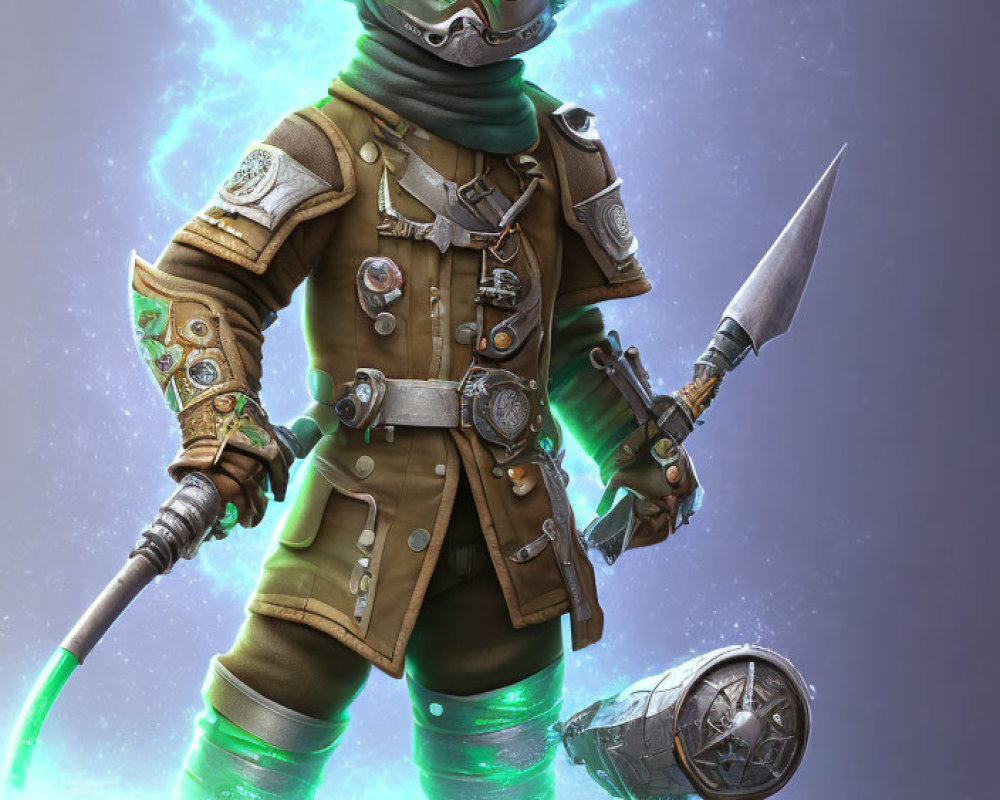 Steampunk diving suit character with glowing green elements and spear in mystical energy backdrop