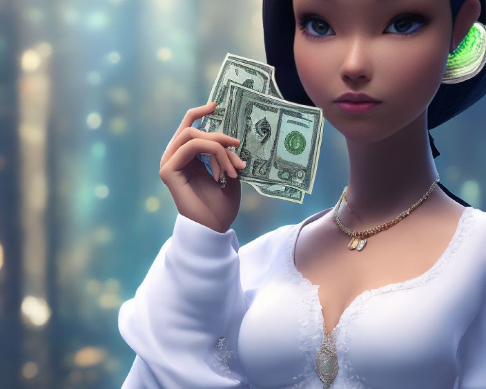 Female animated character with large eyes holding dollar bills against soft background