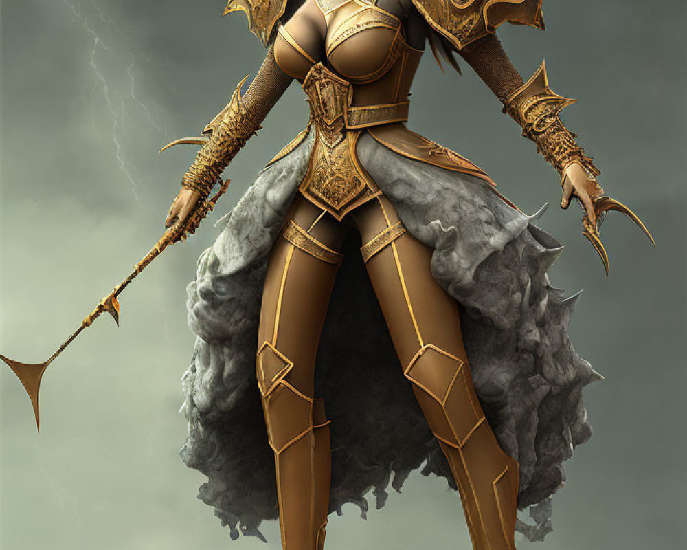 Character in Golden Armor with Spear in Swirling Mist & Lightning Background