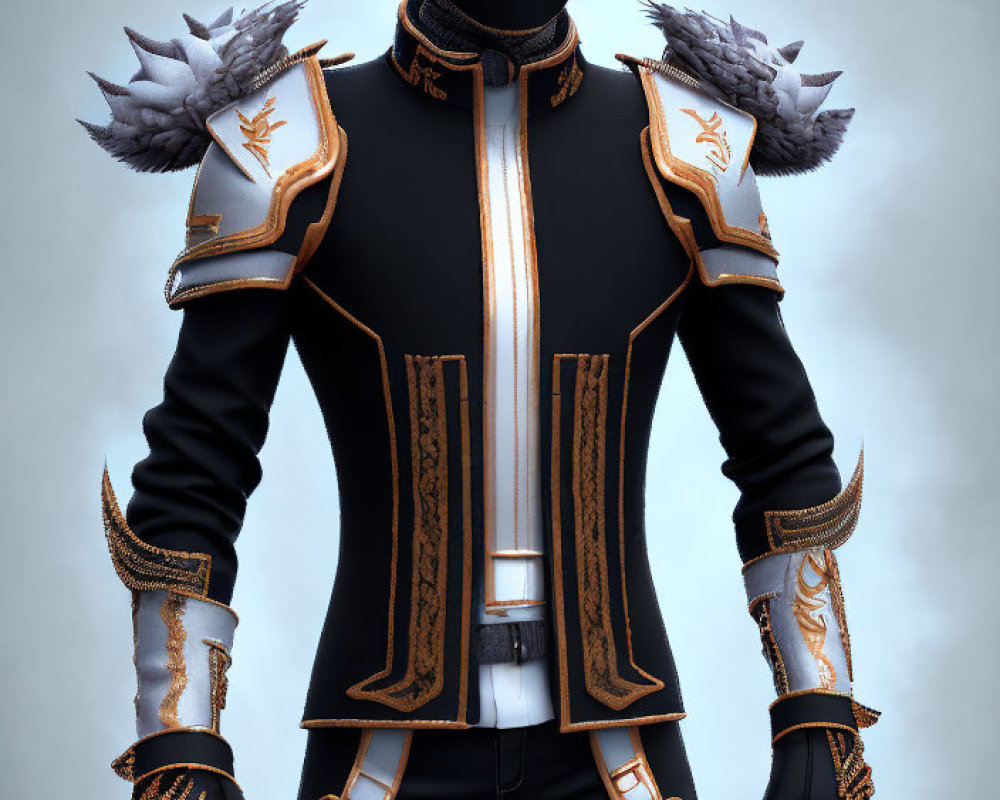 Futuristic black and gold costume with ornate patterns and feather-like helmet.