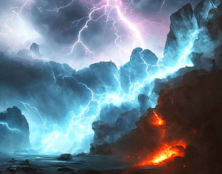 Stormy Scene: Lightning Strikes Cliffs Amid Lava Glow