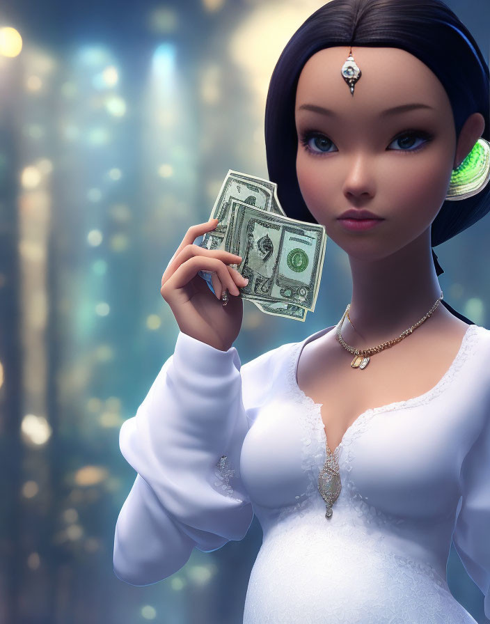 Female animated character with large eyes holding dollar bills against soft background